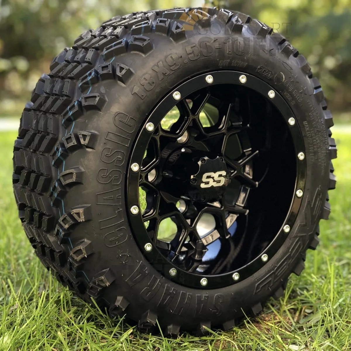 10" Matrix Gloss Black Aluminum Golf Cart Wheels and 18" All Terrain Off-Road Golf Cart Tires Combo - Set of 4  - 18" Tall (Fits all Carts!)