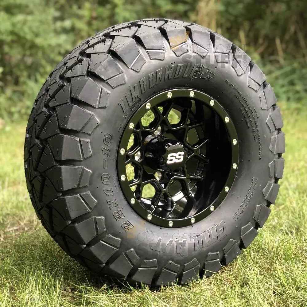 10" Matrix Gloss Black Aluminum Golf Cart Wheels and 22x10-10 GTW Timberwolf DOT All Terrain Off Road Golf Cart Tires Combo - Set of 4