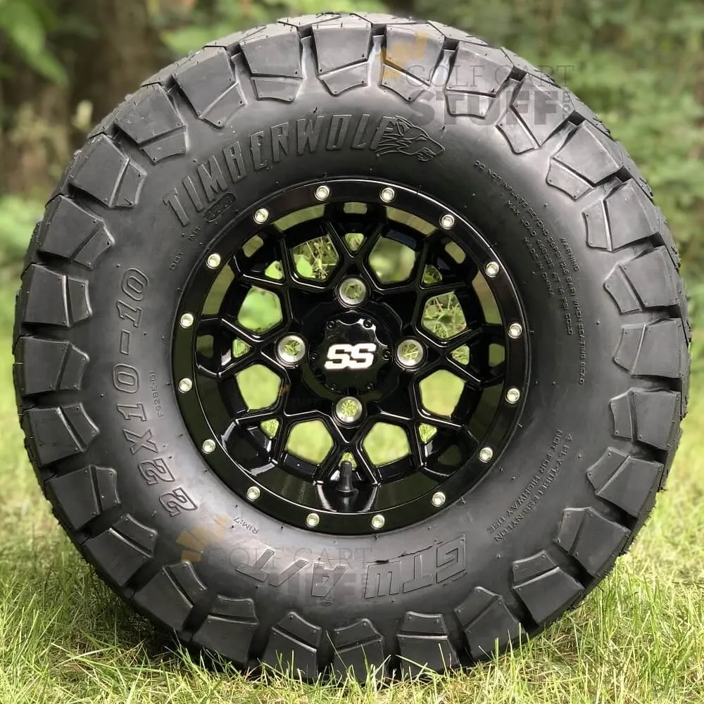 10" Matrix Gloss Black Aluminum Golf Cart Wheels and 22x10-10 GTW Timberwolf DOT All Terrain Off Road Golf Cart Tires Combo - Set of 4
