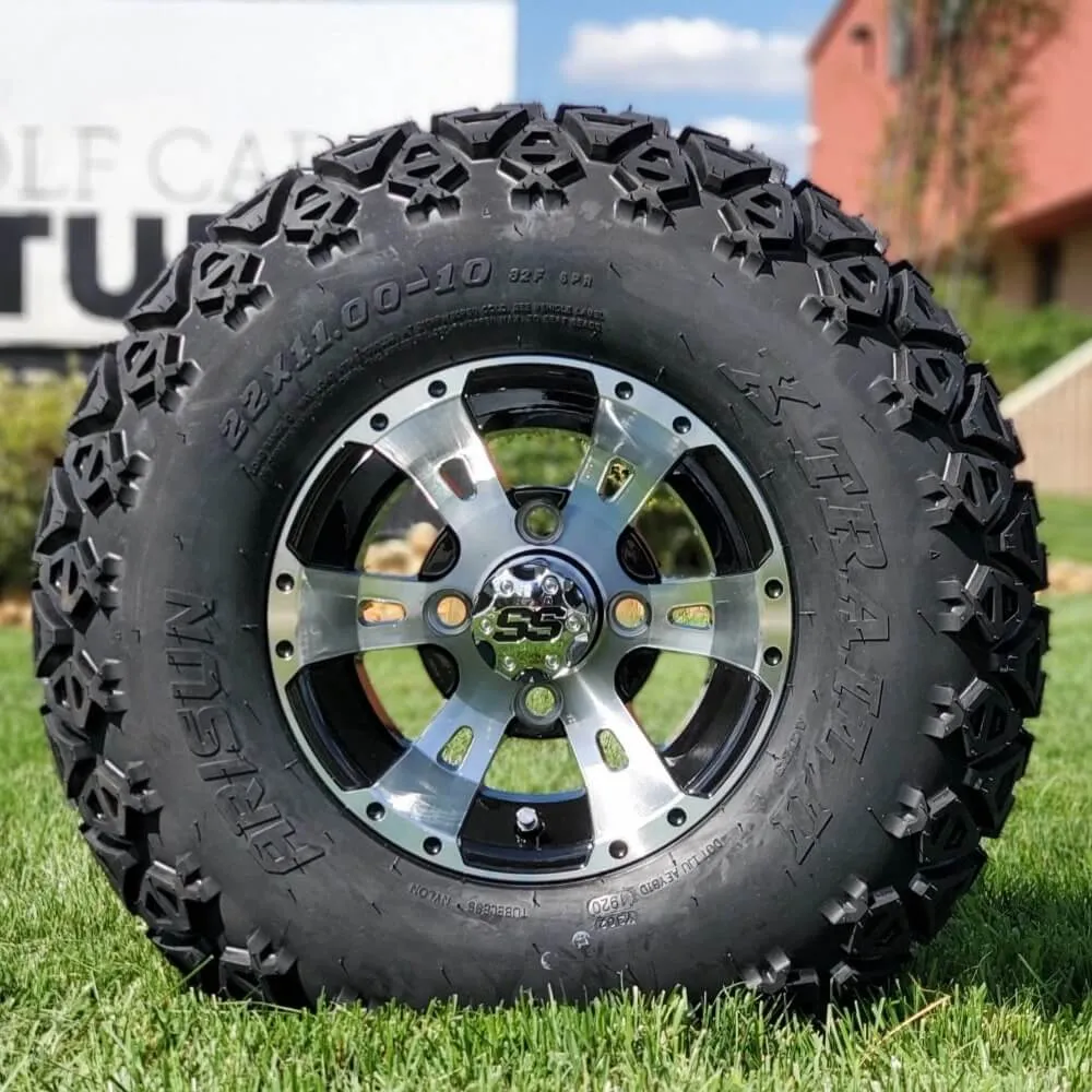 10" Stallion Black/ Machined Aluminum Finish and 22" DOT All-Terrain Golf Car Tires Combo - Set of 4