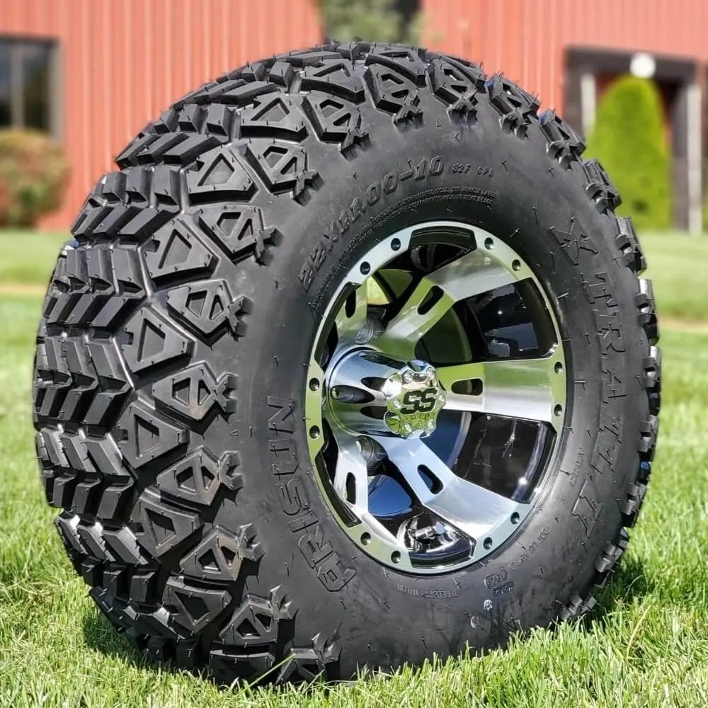 10" Stallion Black/ Machined Aluminum Finish and 22" DOT All-Terrain Golf Car Tires Combo - Set of 4