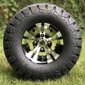 10" Vampire Black/Machined Aluminum Golf Cart Wheels and 22x10-10 GTW Timberwolf DOT All Terrain Off Road Golf Cart Tires Combo - Set of 4