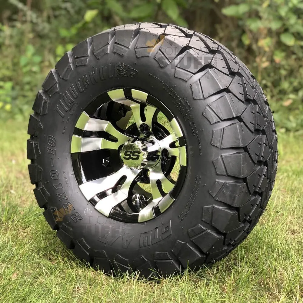 10" Vampire Black/Machined Aluminum Golf Cart Wheels and 22x10-10 GTW Timberwolf DOT All Terrain Off Road Golf Cart Tires Combo - Set of 4