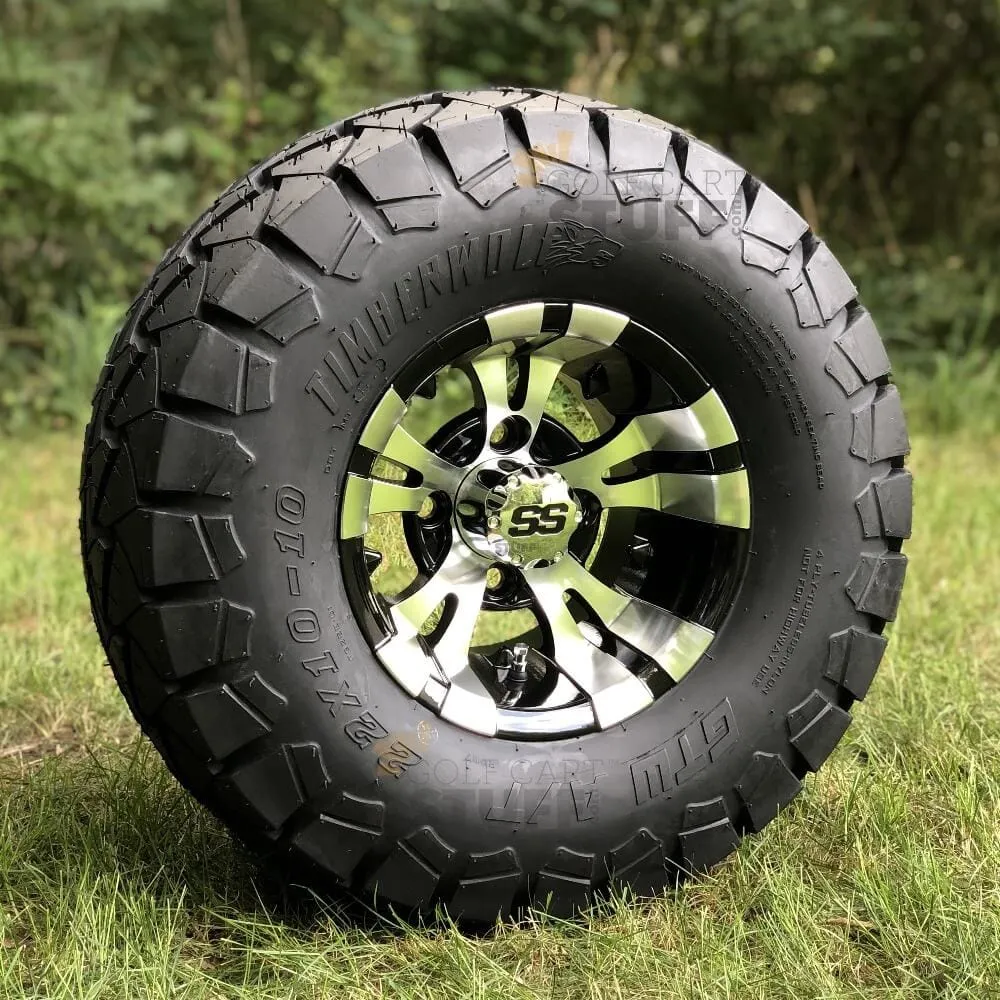 10" Vampire Black/Machined Aluminum Golf Cart Wheels and 22x10-10 GTW Timberwolf DOT All Terrain Off Road Golf Cart Tires Combo - Set of 4