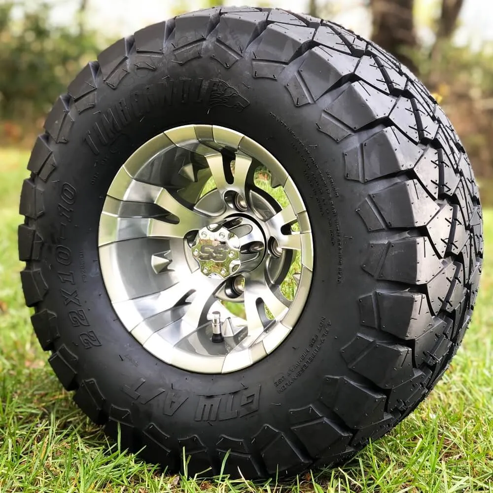 10" Vampire Gunmetal and Machined Aluminum Golf Cart Wheels and 22x10-10 GTW Timberwolf DOT All Terrain Off Road Golf Cart Tires Combo - Set of 4