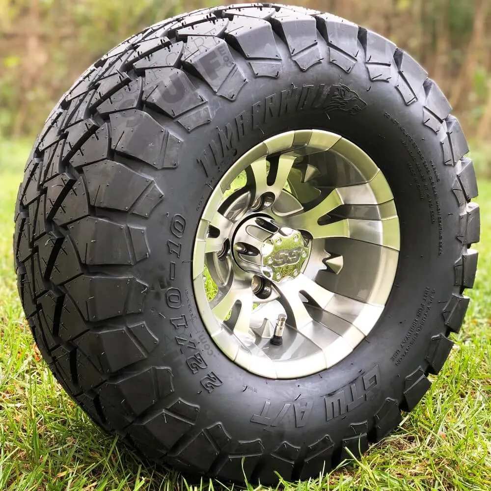 10" Vampire Gunmetal and Machined Aluminum Golf Cart Wheels and 22x10-10 GTW Timberwolf DOT All Terrain Off Road Golf Cart Tires Combo - Set of 4