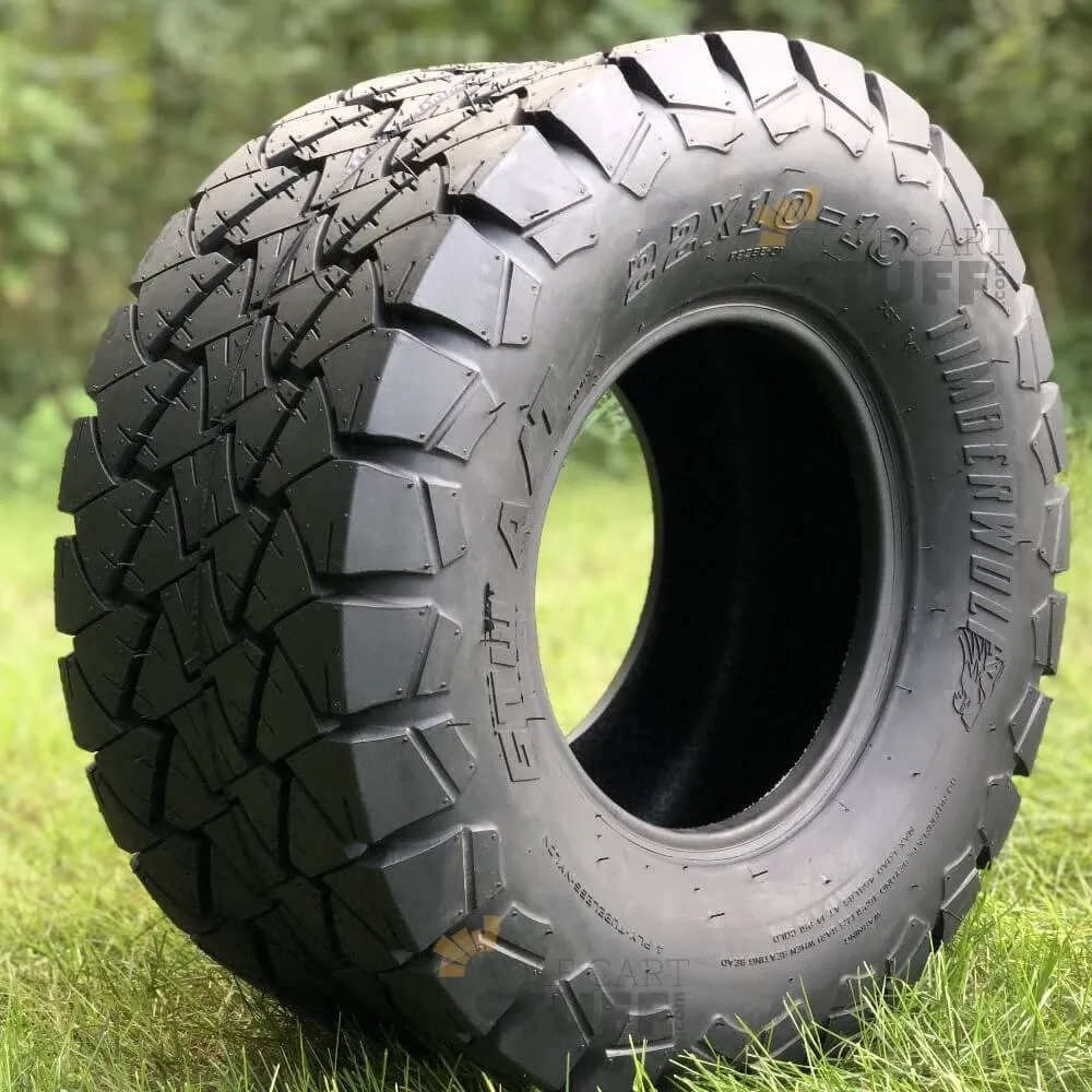 10" Vampire Gunmetal and Machined Aluminum Golf Cart Wheels and 22x10-10 GTW Timberwolf DOT All Terrain Off Road Golf Cart Tires Combo - Set of 4