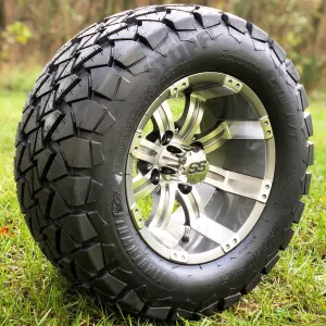 12" Tempest Gunmetal Machined Aluminum Golf Cart Wheels & 22x10-12 GTW Timberwolf DOT All Terrain Golf Cart Tires - Set of 4
