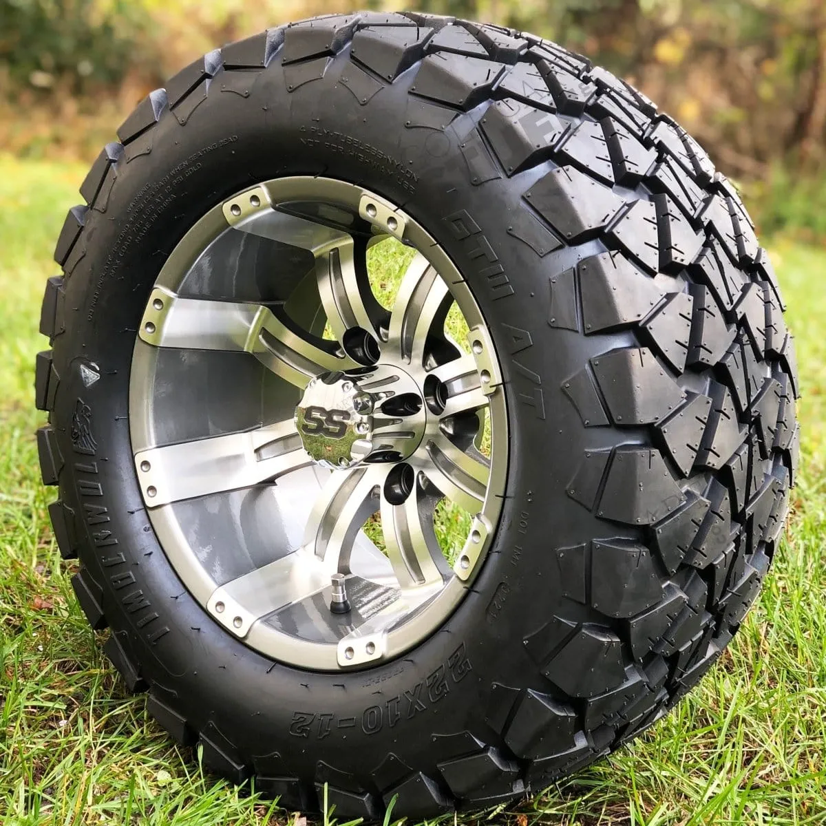 12" Tempest Gunmetal Machined Aluminum Golf Cart Wheels & 22x10-12 GTW Timberwolf DOT All Terrain Golf Cart Tires - Set of 4