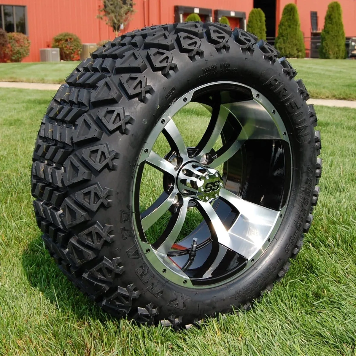 14" Storm Trooper Black/Machined Aluminum Golf Cart Wheels and 23x10-14 DOT All Terrain Off-Road Golf Cart Tires Combo - Set of 4 (Choose your tire!)