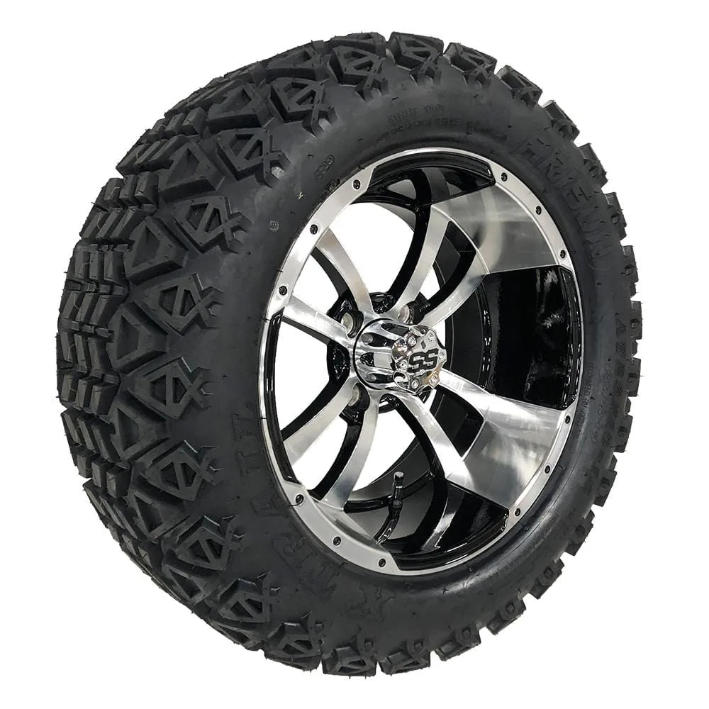 14" Storm Trooper Black/Machined Aluminum Golf Cart Wheels and 23x10-14 DOT All Terrain Off-Road Golf Cart Tires Combo - Set of 4 (Choose your tire!)