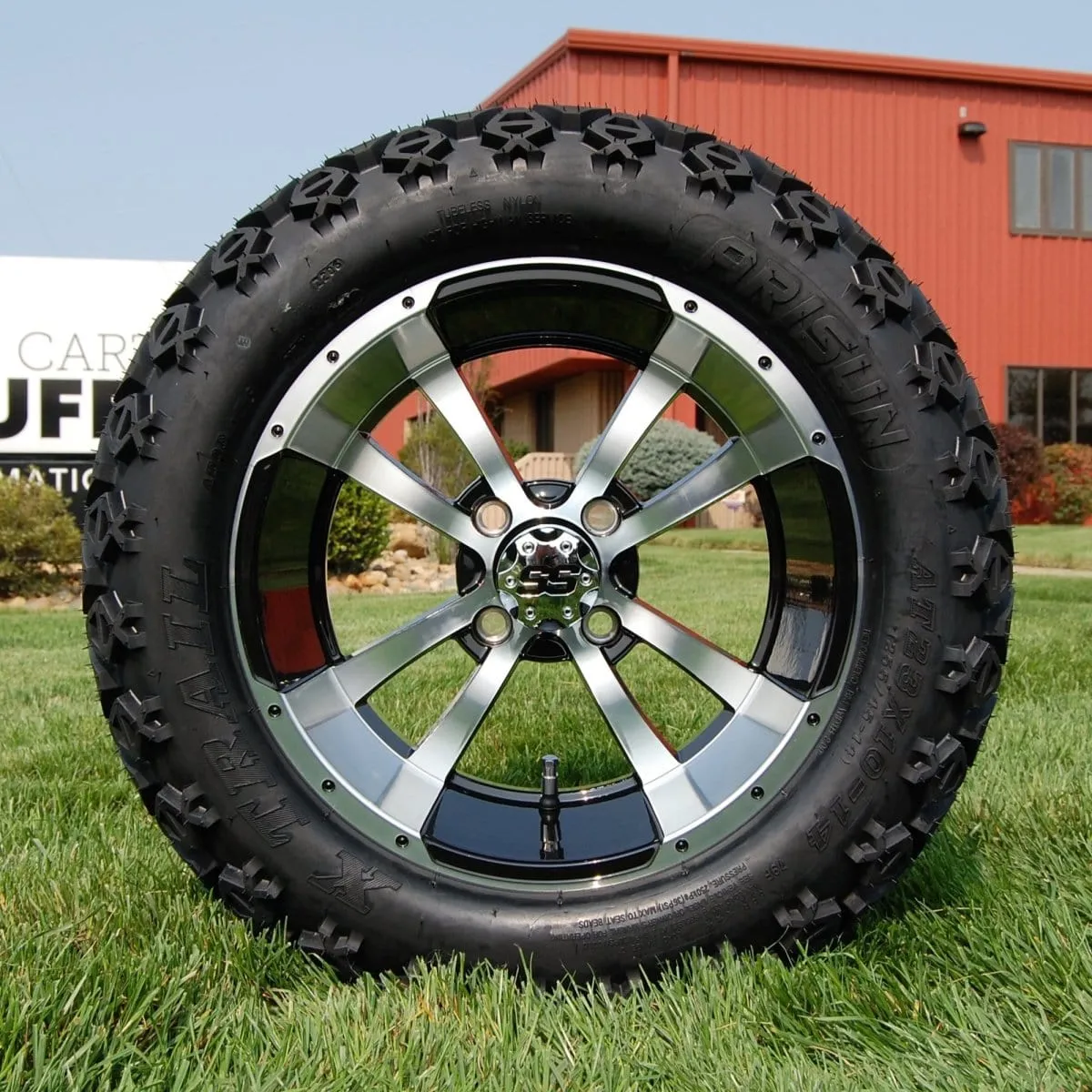 14" Storm Trooper Black/Machined Aluminum Golf Cart Wheels and 23x10-14 DOT All Terrain Off-Road Golf Cart Tires Combo - Set of 4 (Choose your tire!)