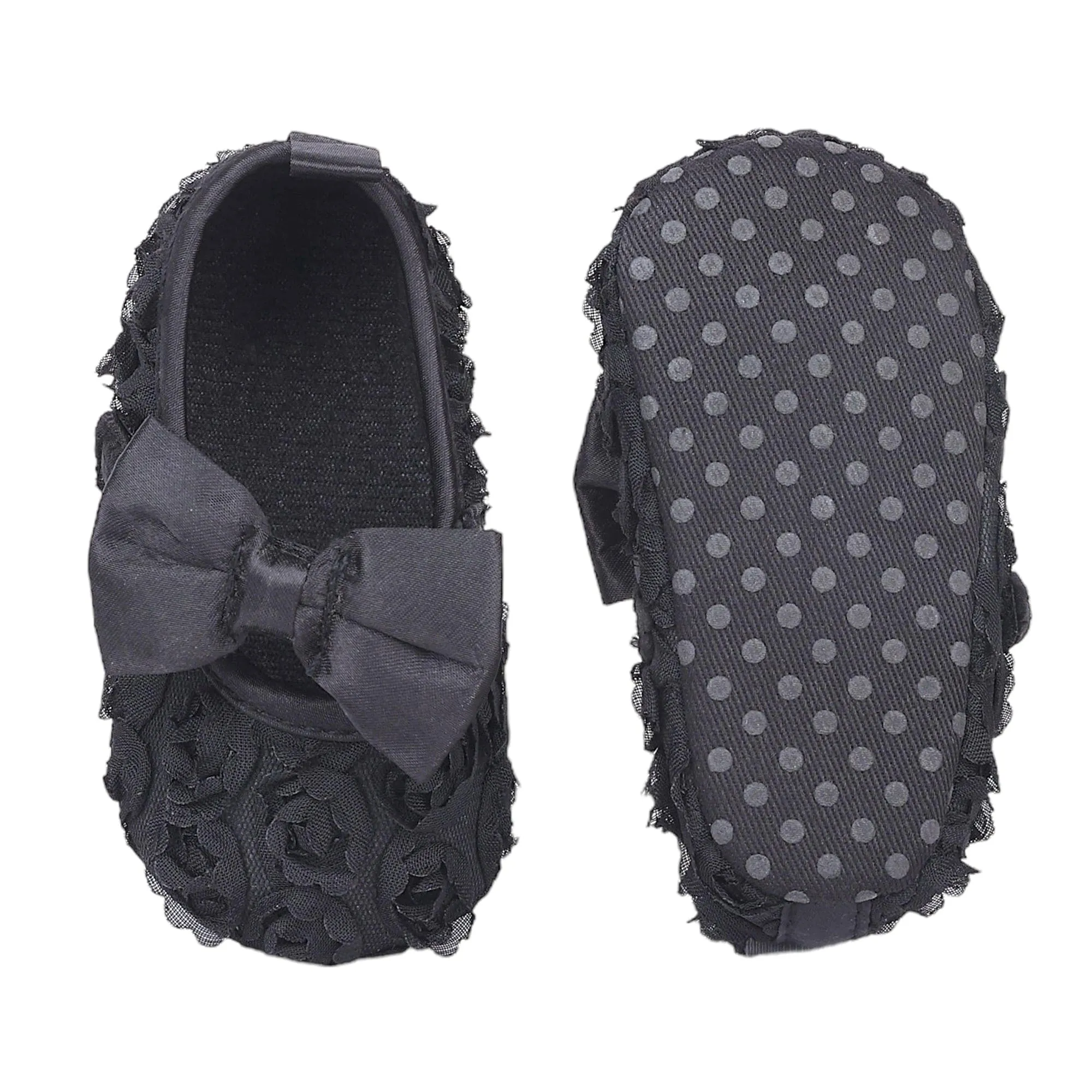 Baby Moo Big Bow Floral Lace Elastic Strap Ballerina Booties - Black