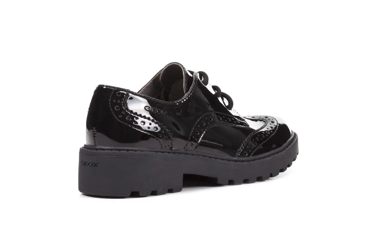 Geox J Casey Girls Brogue Black Patent School Shoes