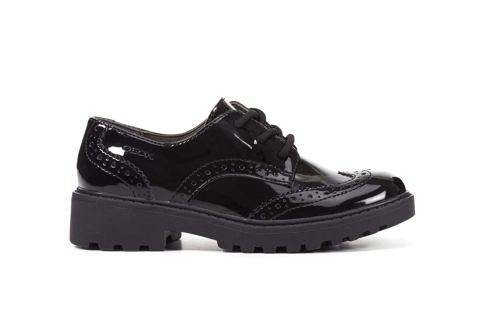 Geox School Shoes | Casey Brogue Lace-Up | Patent Black