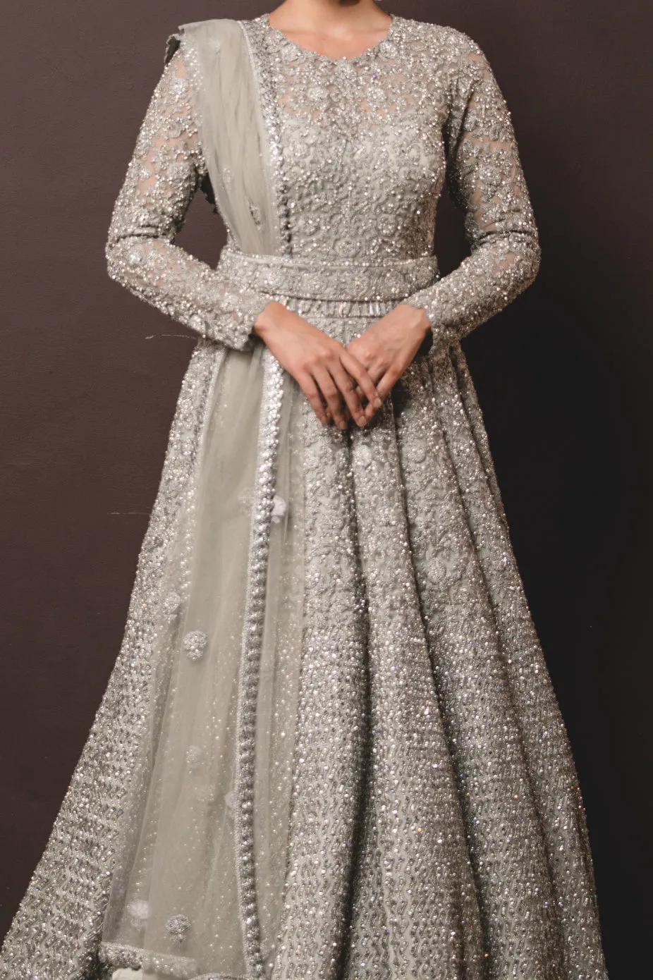 Grey Tulle Gown & Dupatta With Trail
