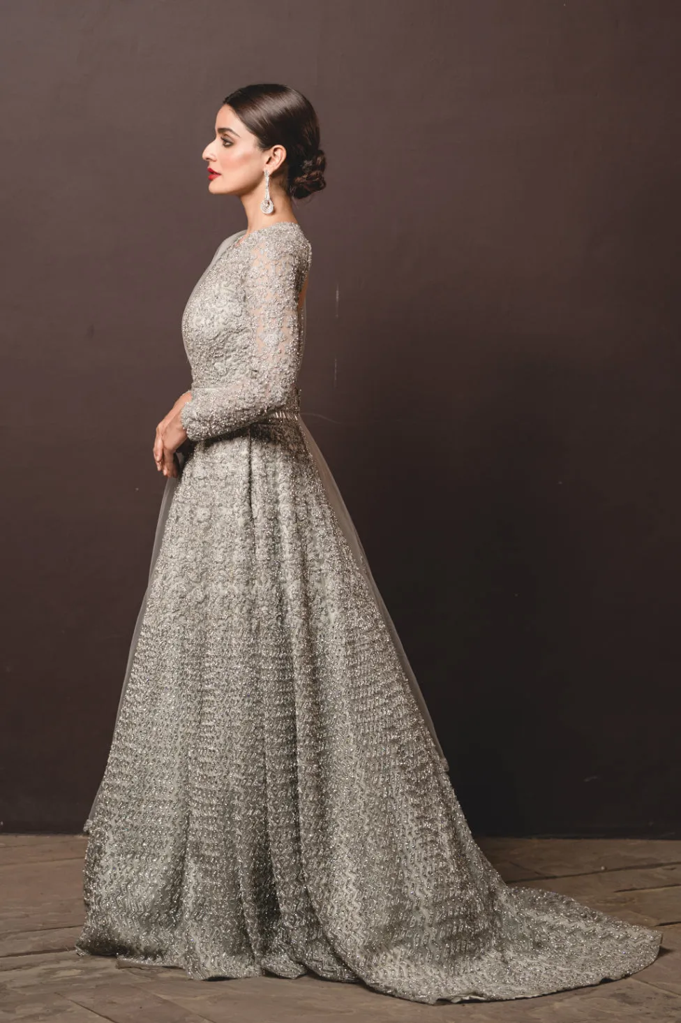Grey Tulle Gown & Dupatta With Trail