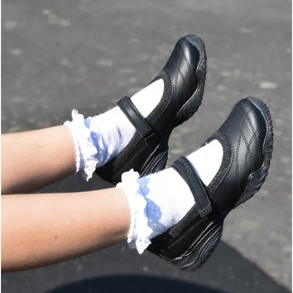 VELOCITY POUTY Girls Leather School Shoes Black